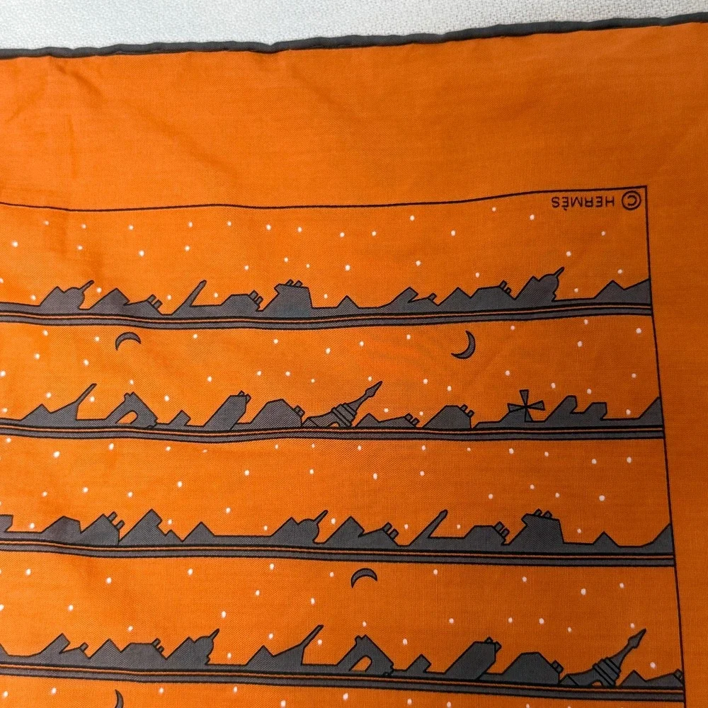 Hermes Scarf Men OS Orange Excellent Silk Paris Skyline Print